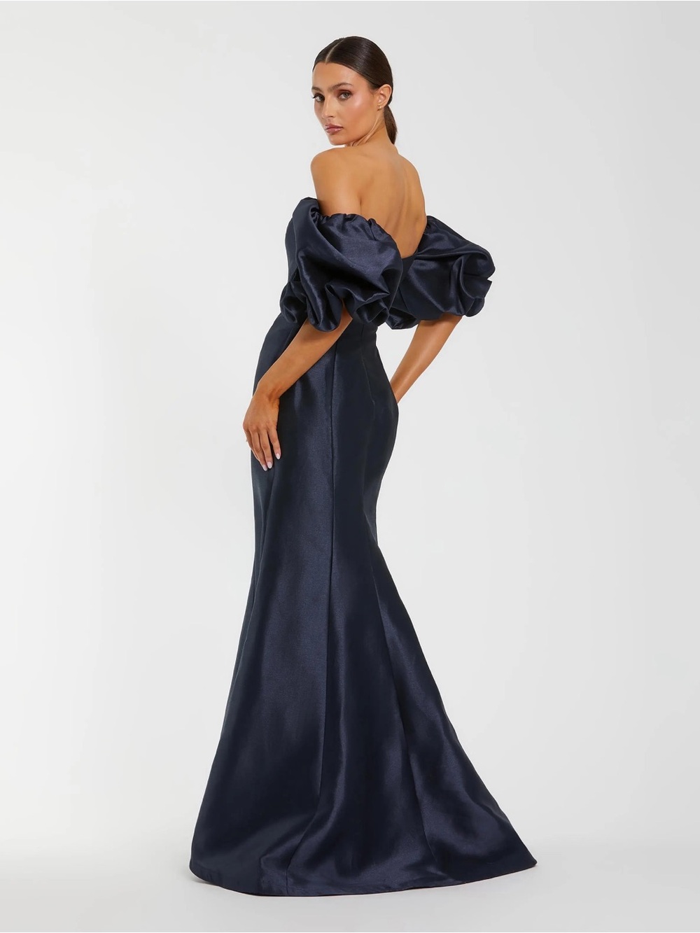 Mac Duggal 50677 Navy Sweetheart Off The Shoulder Puff Sleeve Gown Size 12 NWT - Picture 3 of 8